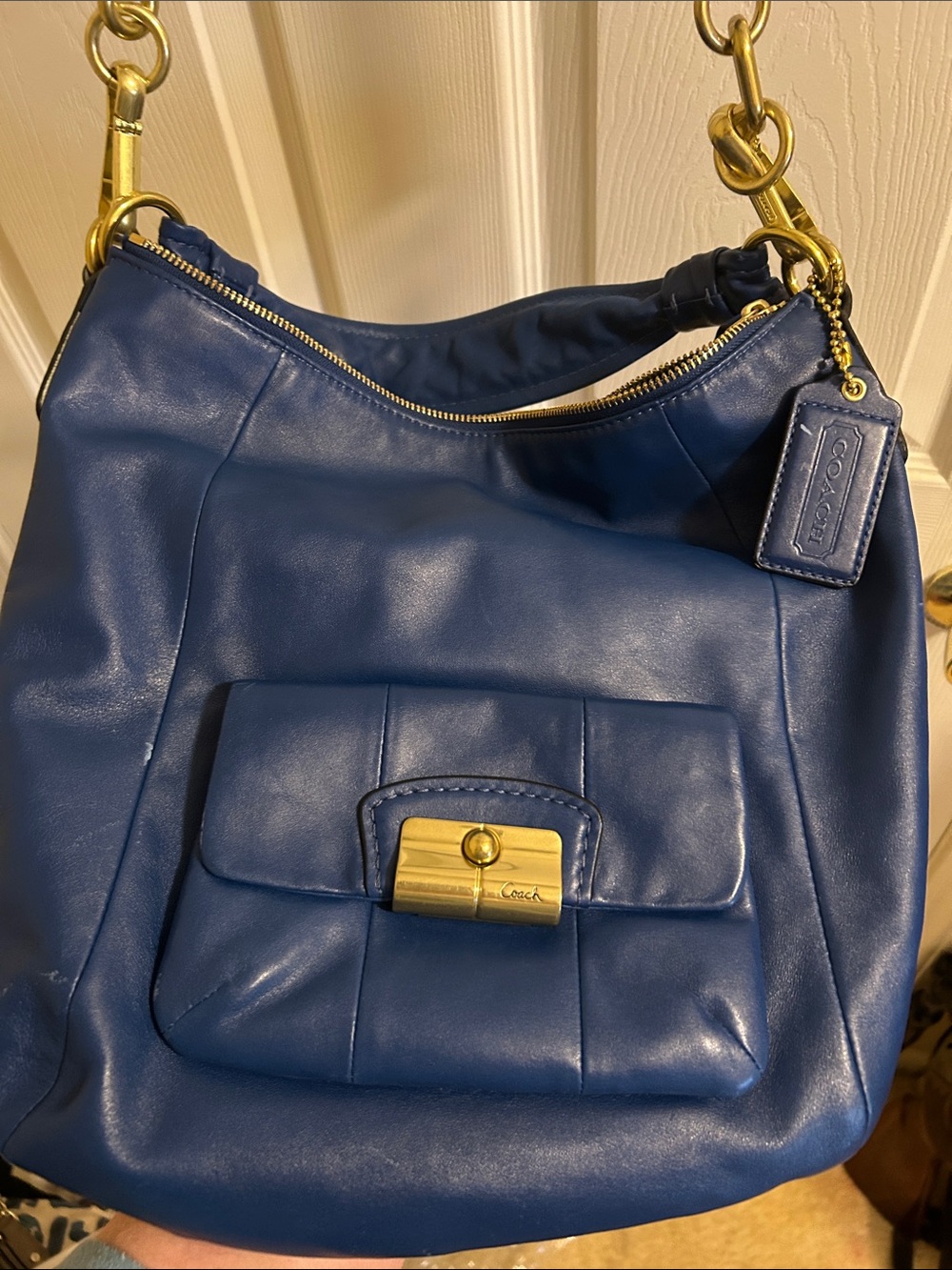 Kristen Coach Navy Blue Leather Shoulder Bag with Gold Hardware